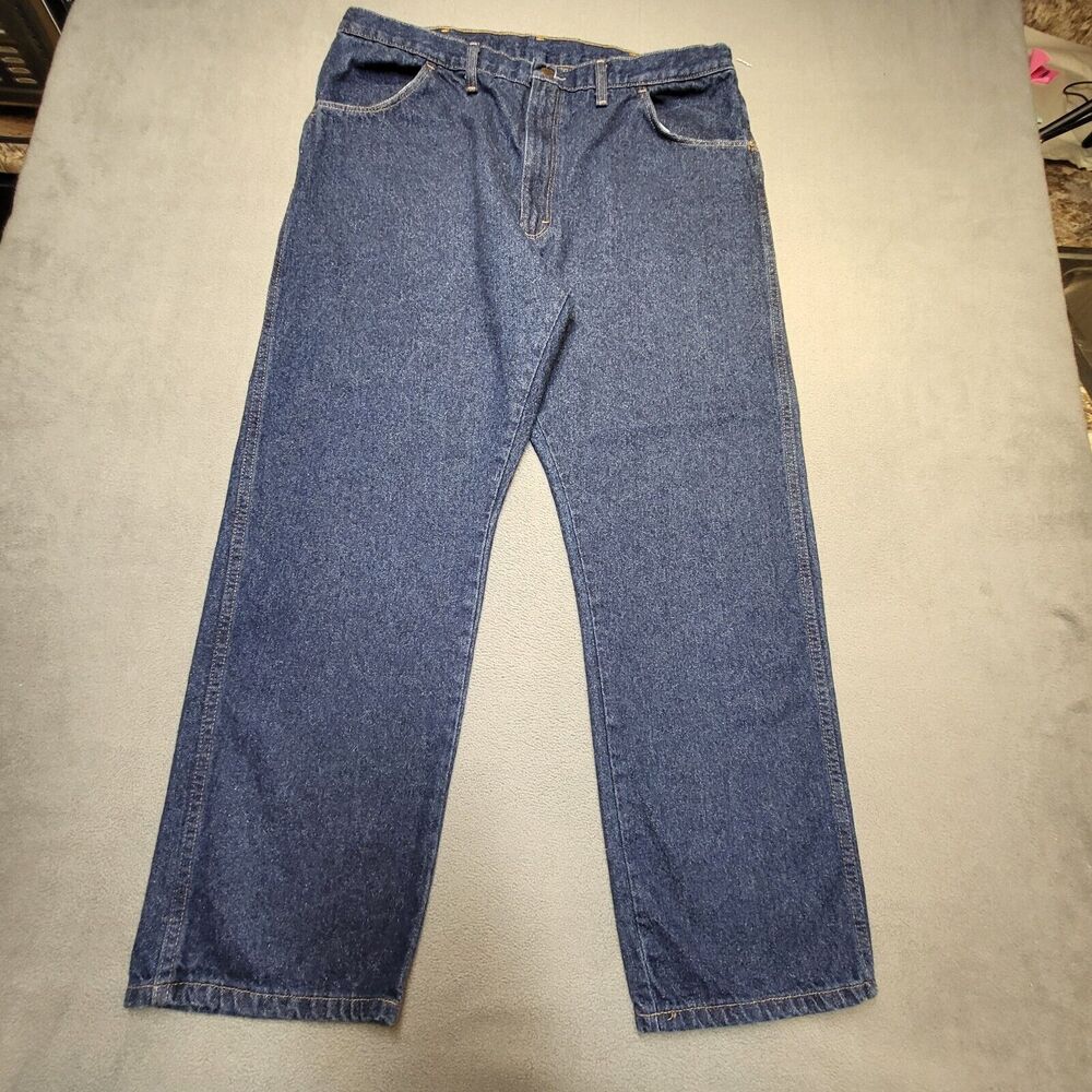 Rustler Jeans Mens 37x28 Blue Straight Leg Distressed Denim